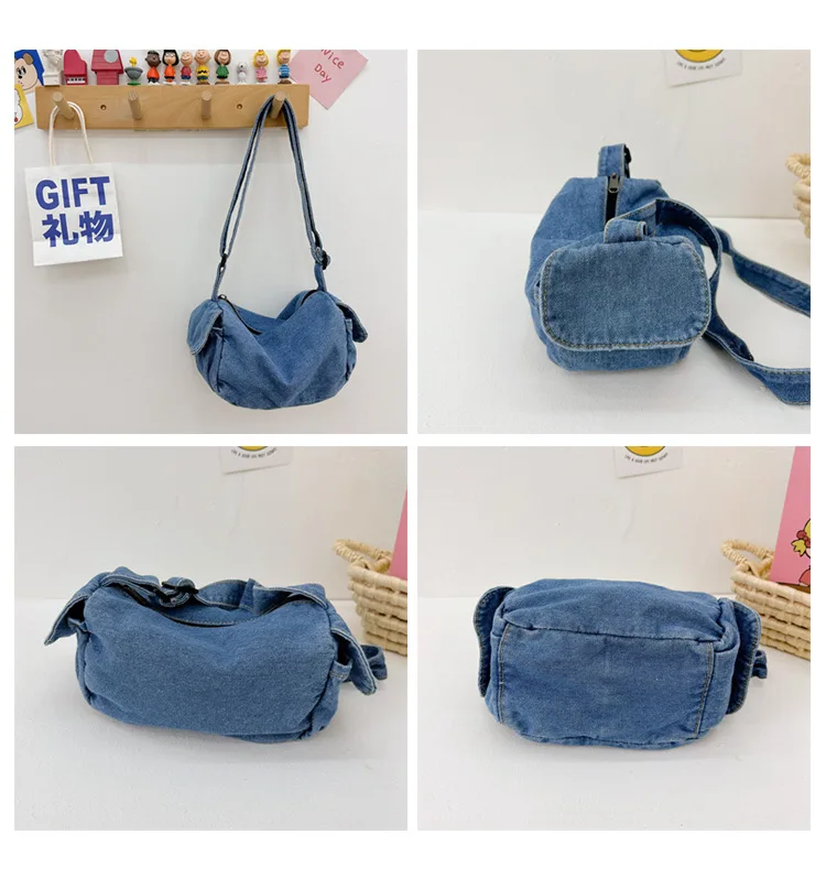 Vintage Denim Children\'s Messenger Bag Solid Color Boys Kids Travel Shoulder Bags Simple Girls Handbags Canvas Crossbody Bag