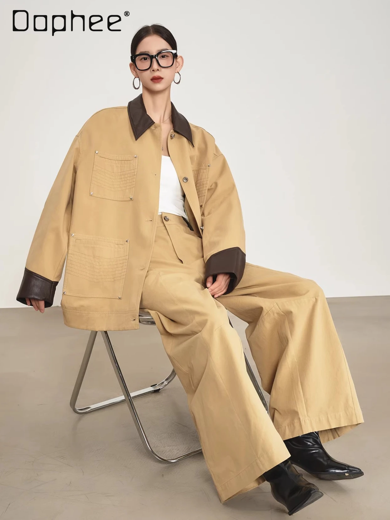 

High End Temperament Khaki Suit Two-piece Suit Autumn Commuter Style Fashion Pu Lapel Long-sleeved Jacket Wide-leg Pants Suit