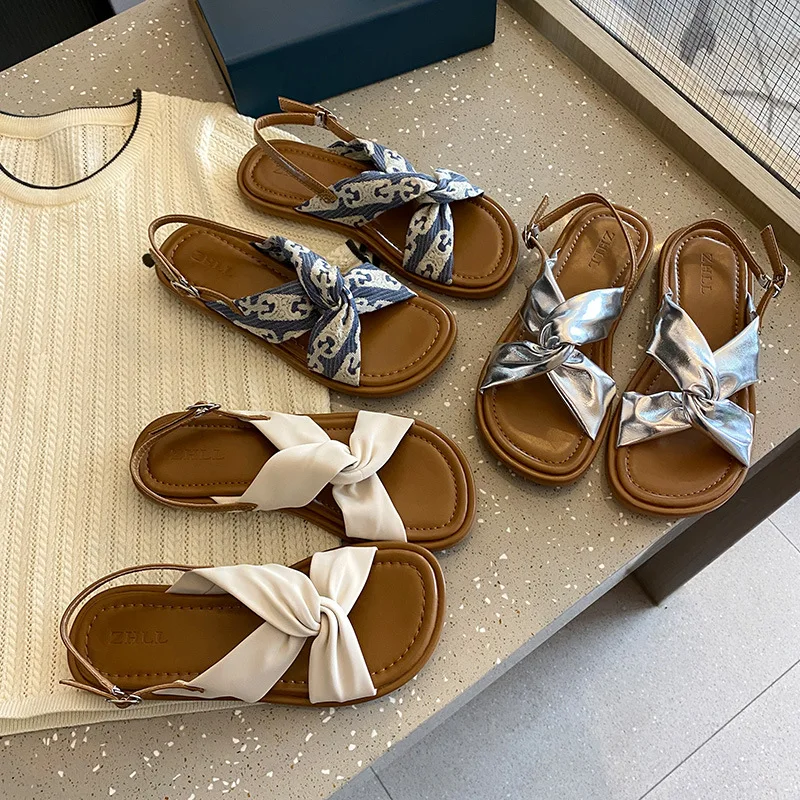 

Twisted Strap Flat Sandals With Adjustable Back Buckle Three Styles Printed Fabric Metallic And Plain White Casual Summer Shoes