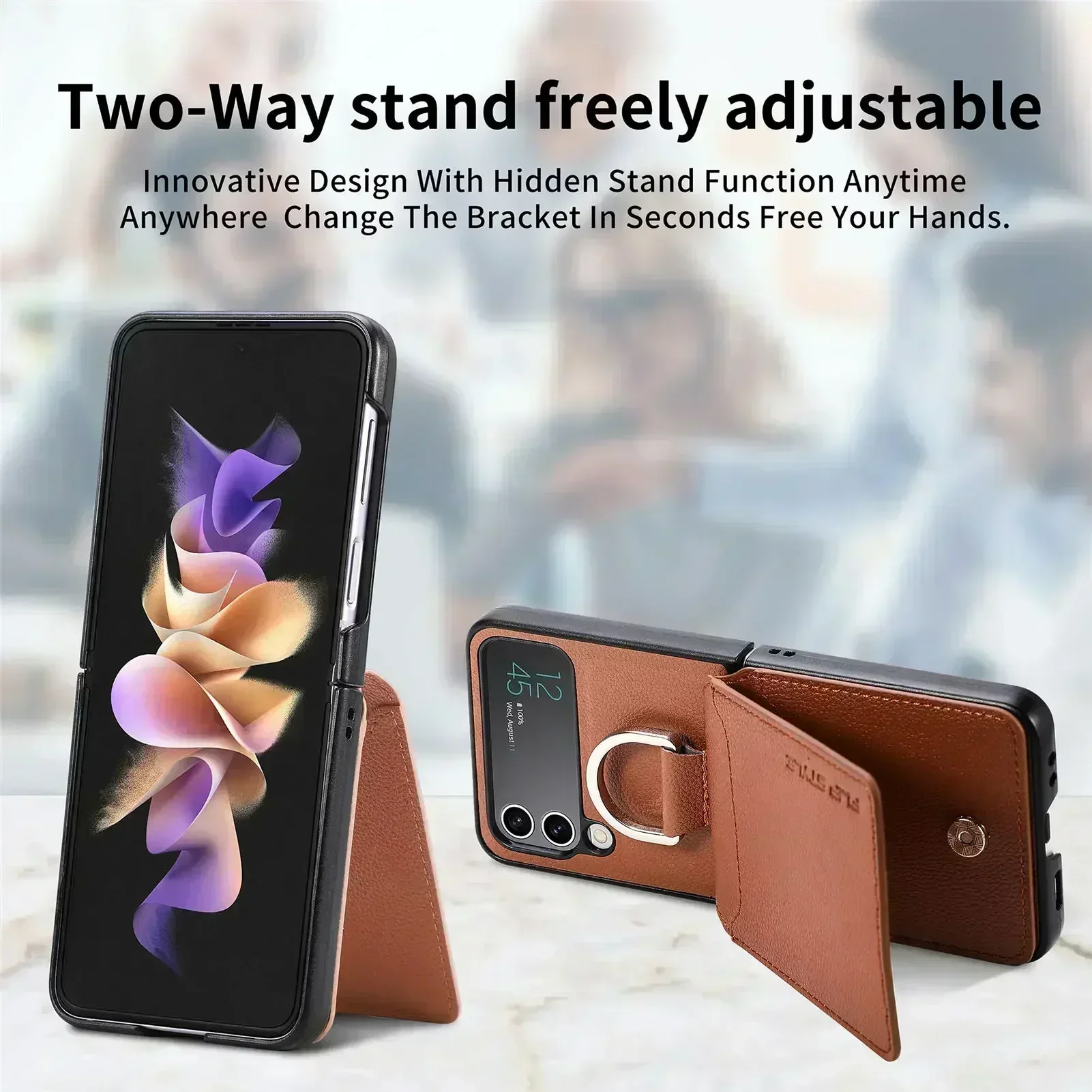 Wallet Phone Case For Samsung Z Flip 4 Finger Ring Card Holder Stand Shockproof Lychee Pattern PU Leather Cover For Z Flip 2 3 5