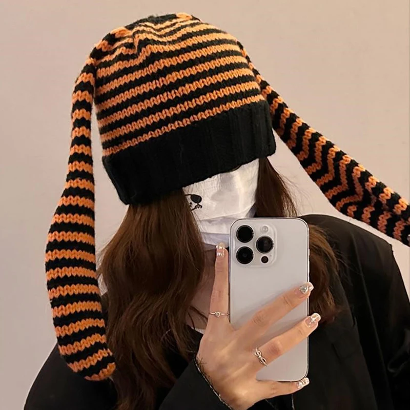 Damska czapka zimowa i jesienna z dzianiny, z długimi uszami, uroczy wzór w paski z króliczkiem, ciepła i chroniąca uszy, stylowa czapka beanie.〔CC55〕