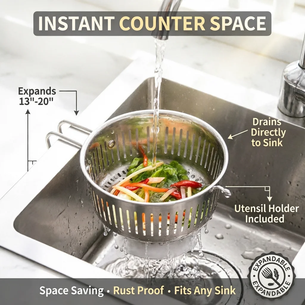 

Over Sink Dish Drying Rack - Expandable Dish Drainer Basket with Utensil Holder | Fits Sinks 13"-20" | Space Saving Kitchen|