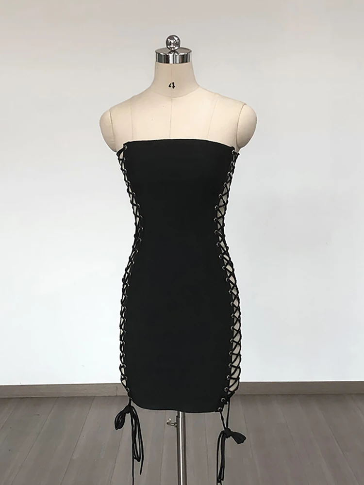 Robe de Soirée Sexy Sans Bretelles à Lacets et Coupe Latérale en Fibre Noire, Tenue Évidée avec Batterie Croisée pour Boîte de Nuit