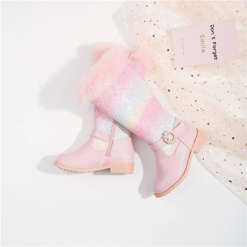 2023 New Autumn Winter Girls Rainbow Princess Fashion Children Pink Boots Knee Length Boots Plush Fur Girls Shoes