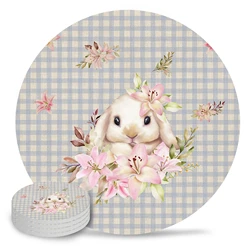 Easter Bunny Floral Plaid Round Ceramic Coaster Coffee Tea Cup Mats Non-slip Placemat Tableware Pads Decor Absorbent Coaster