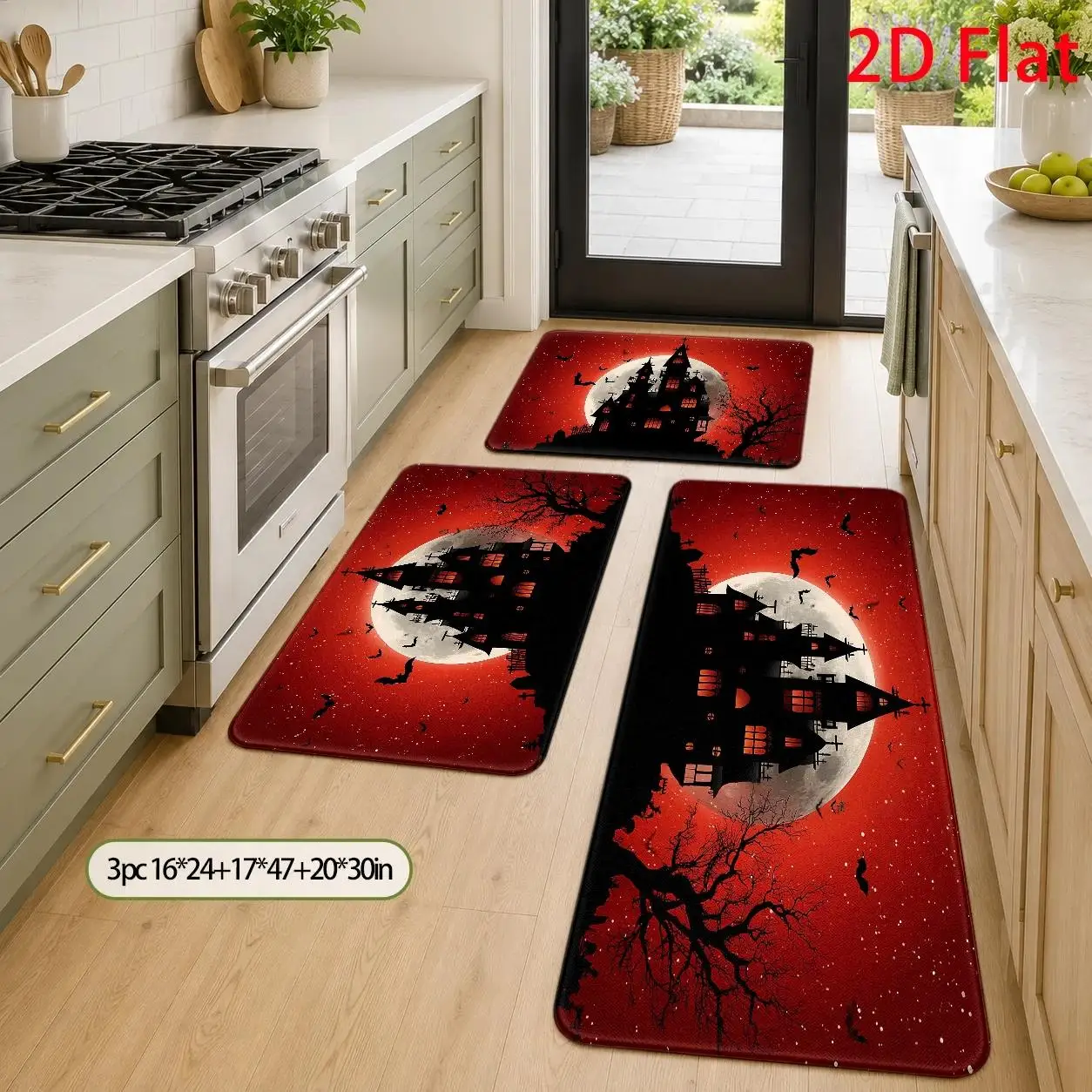1pc, 2pcs, 3pcs, 2D Flat Kitchen Floor Mat Set, Spooky Haunted Castle Halloween Theme Floor Mat, Gothic Horror Design Style, Festive Season Decoration, Easy-to-Clean Decorative Kitchen Mat, Suitable for Kitchen, Bathroom, 2D Flat