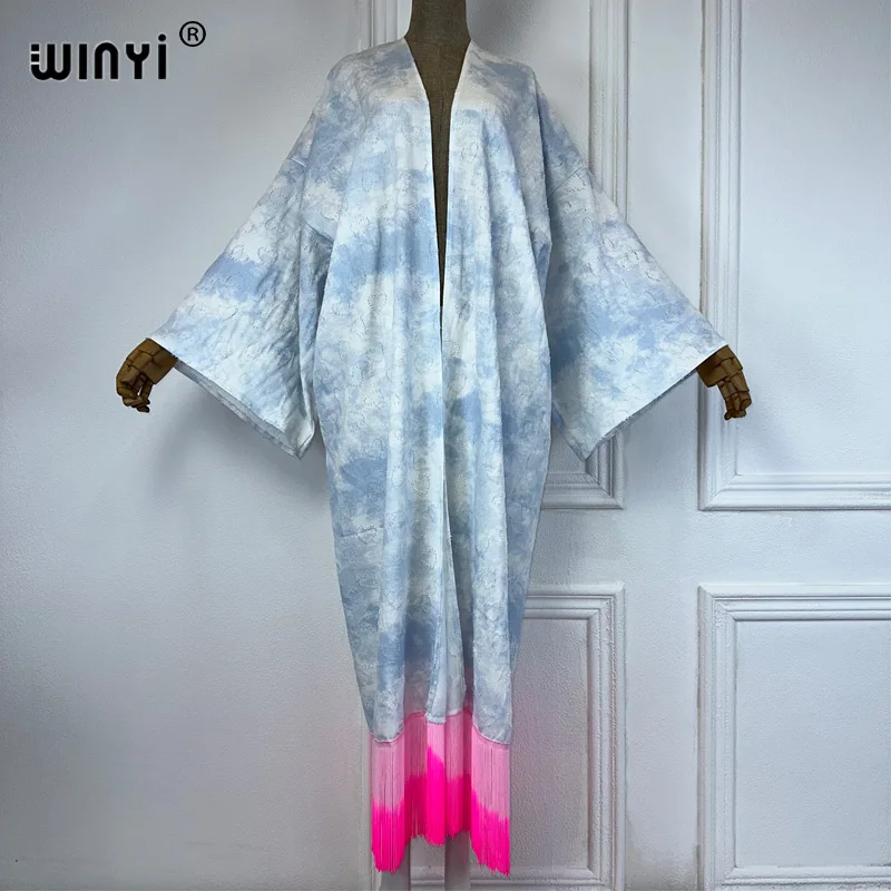 WINYI Hollow tie-dyed denim cardigan gradient tassel kimono maxi Dress elegant Party Holiday beach Cover Up fashion dress