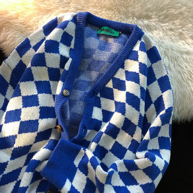 V-Neck Checkerboard Cardigans Loose Fashion Vintage Streetwear Women Knitwear Spring Autumn Outwear All Match Retro Leisure Ins