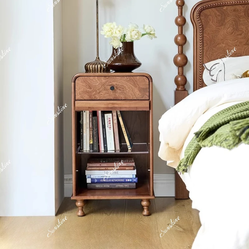 

French retro all-solid wood bedside table, sofa side star magazine rack