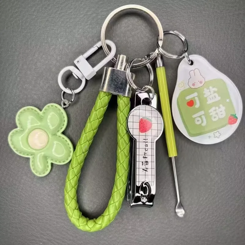 Dopamine Coloured Flower Keychain Cute Girl Style Bag Keyring Pendant Accessory Nail Clipper Ear Pick Key Ring Portable Set Gift