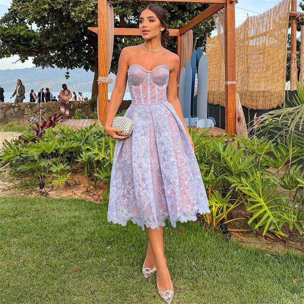 Vestido Midi Floral Feminino, Sem Costas, Sem Mangas, Linha A, Elegante, Sem Alças, Festa de Noite, Clube, Fêmea, Sexy, 2022