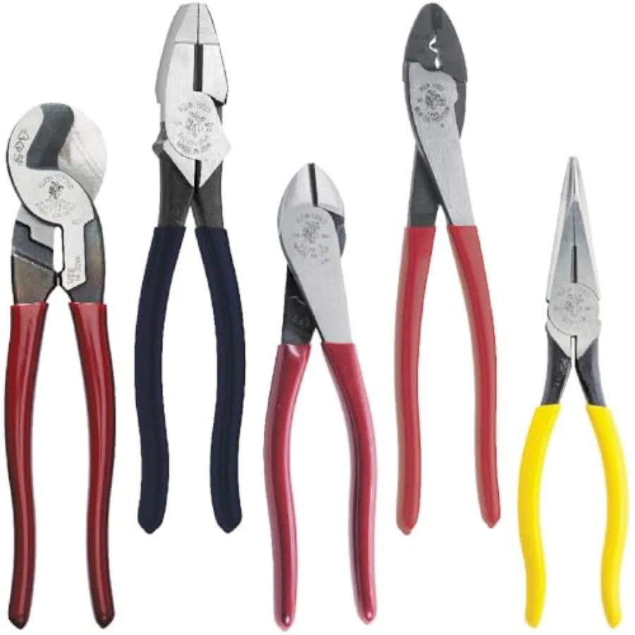 

Dipped Plier Kit Made in USA Diagonal-Cutting Needle-Nose Side-Cutting High Leverage Linesman Pliers Cutter and Crimper 5-Piece