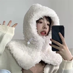 Artificial lamb hair Cashmere Hooded Neck Collar Cap Head Drawstring Thick Beanie Winter Warm Solid Color Adjustable Elastic Hat