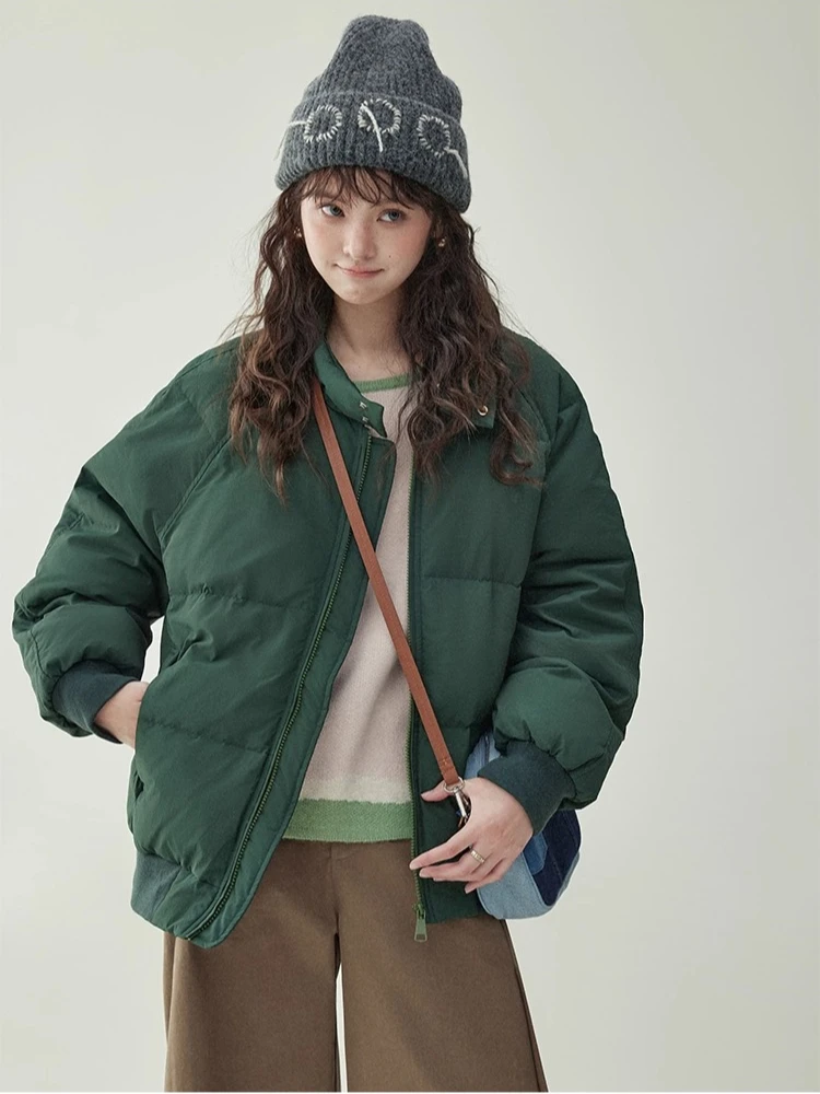 Women's Winter Solid Stand Collar Puffer Jacket Warm Loose Fit Cotton Coat with Zip-Up Closure Oversized Quilted Outerwear