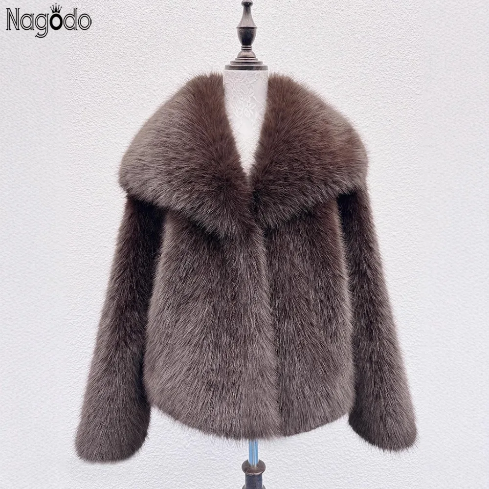 

Nagodo 2025 Women's Faux Fur Jacket Turn-down Collar Long Sleeve Fluffy Outerwear Thick Warm Imitation Fox Fur Coat Overcoats