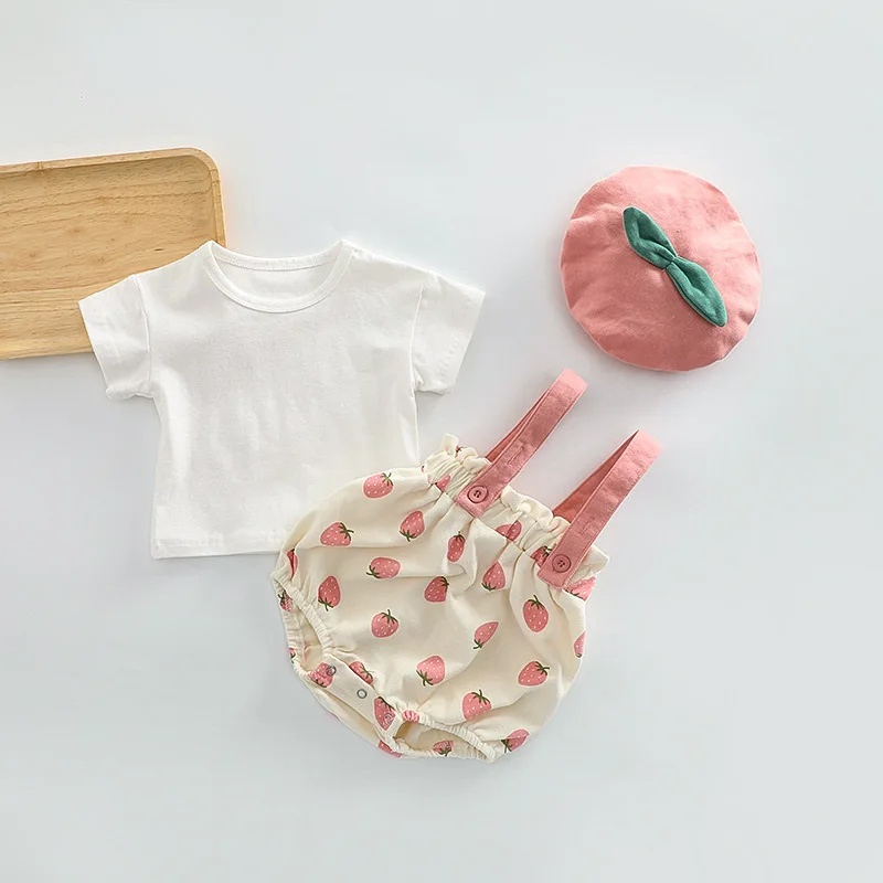 Ins Girl Baby Clothes Summer New Strawberry Print Baby Girl's Suspenders Pant+Hat Cotton Soft Climbing Clothes