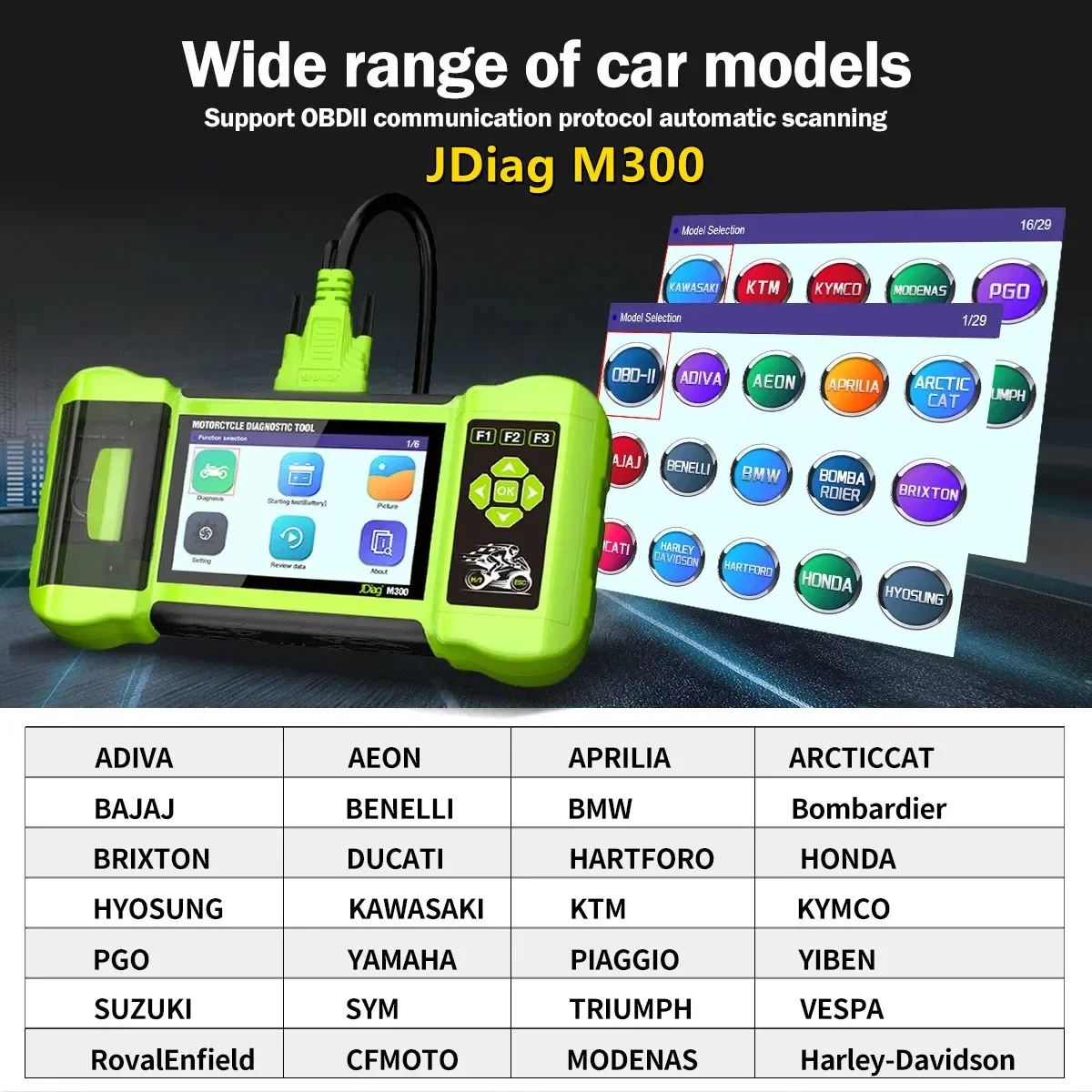 JDiag M300 Motorcycle Diagnostic OBD2 ScannerClear Fault Code ABS Engine Moto Diagnose Tool For Yamaha BMW Ducati Harley Honda