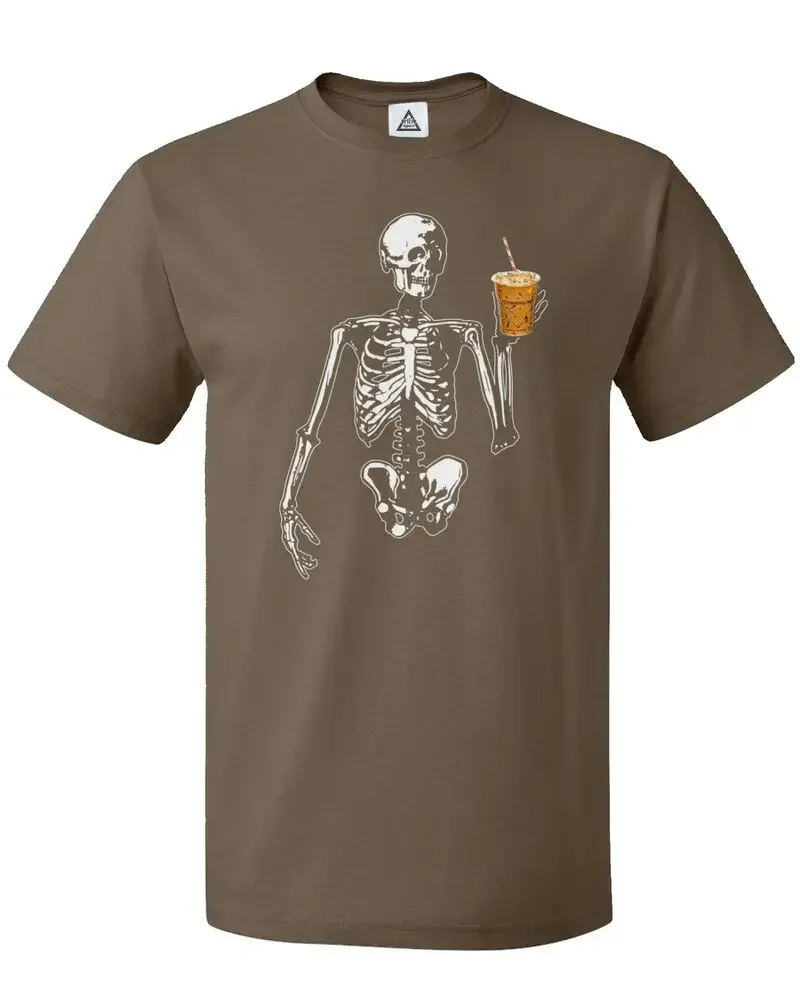 Unisex Halloween esqueleto T-Shirt, Ice Coffee Tee, Feliz