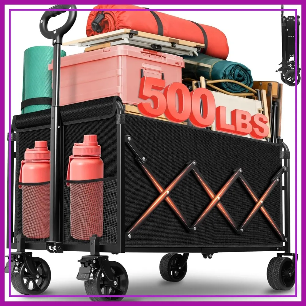 

Extra Large 500 lbs Capacity Collapsible Wagon Cart with Wheels, Heavy Duty Folding Utility Cart for Groceries, Camping, Sports