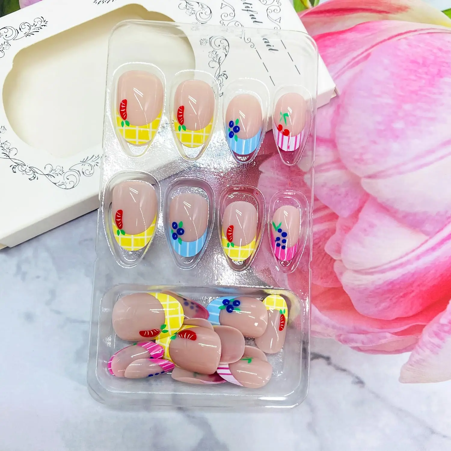 French Tip Press on Nails Short Almond False Nails with Cherries Oranges Grapes Design Full Cover Glue on Nail Acrylic Fake Nail