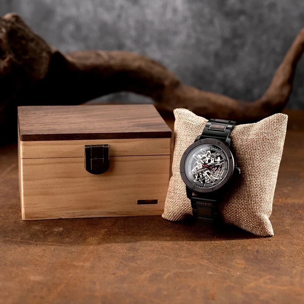 Reloj mecánico automático BOBO BIRD, camiseta nueva, reloj de pulsera de madera para hombres de negocios, relojes grabados personalizados únicos, caja de regalo de Navidad