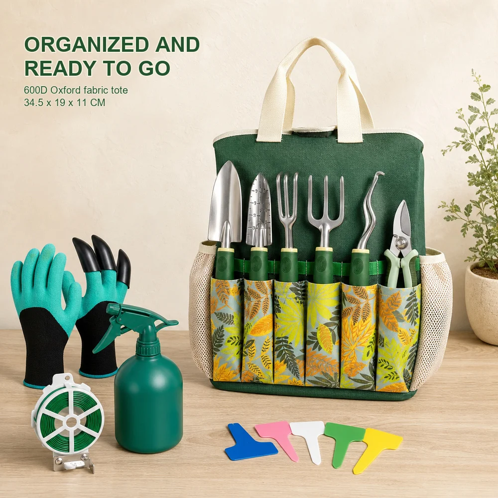 Zoe 16 Piece Garden Tool Set Aluminum Alloy Gardening Hand Tools Kit with Floral Tote Bag Gloves Spray Bottle Plant Labels Twist Tie Trowel Transplanter Weeder Cultivator Hand Fork and Pruning Shears for Planting Weeding Pruning