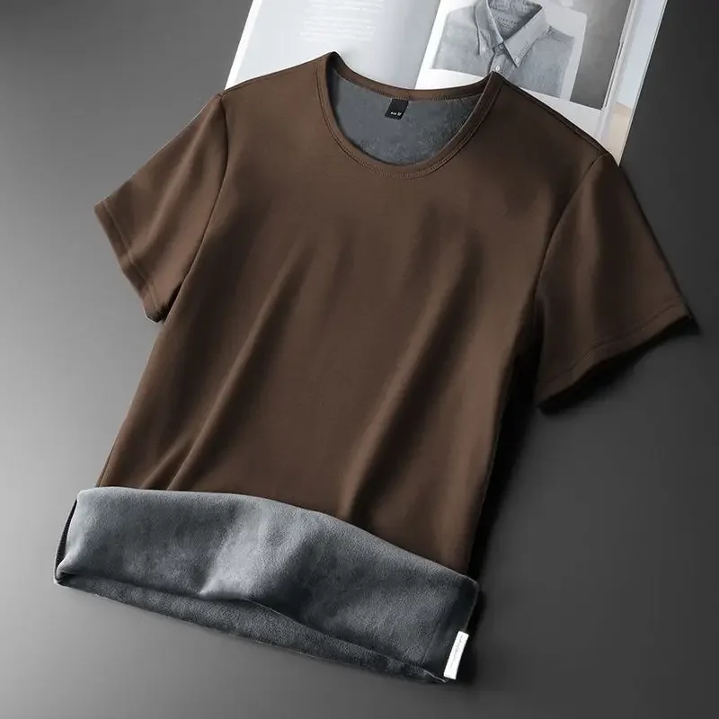 Ropa interior térmica para hombre, Tops de lana gruesa de manga corta, camisa inferior ajustada con cuello redondo, jersey liso cálido y cómodo de terciopelo