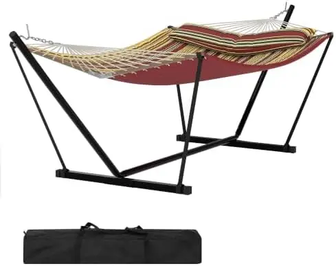 2 Person Outdoor Hammock with Stand, Burgundy Brown Stripes | 450 LBS Heavy Duty Anti-Tipping Frame with Balance Rope