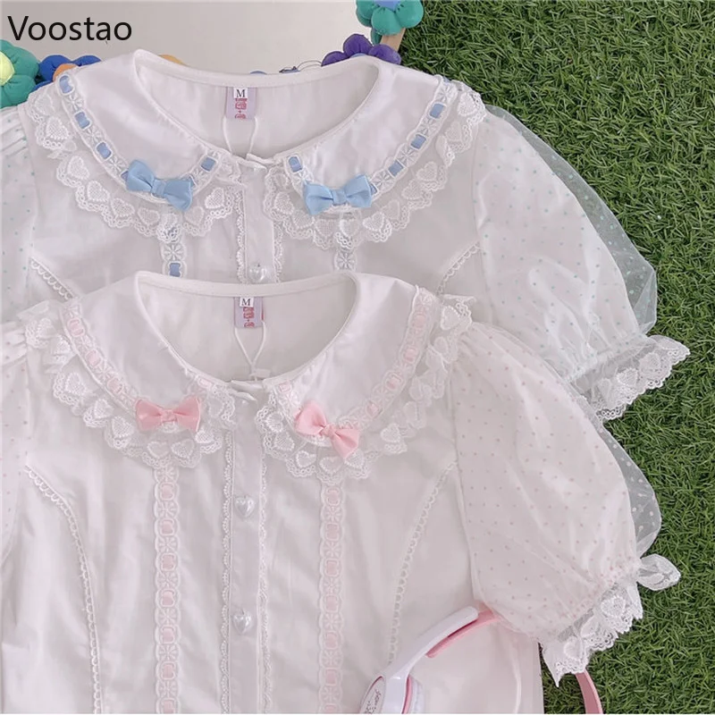 Japanese Girls Lolita Blouses Women Cute Bow Lace Peter Pan Collar JK Shirts Sweet Chic Mesh Polka Dot Puff Sleeve Blusas Mujer