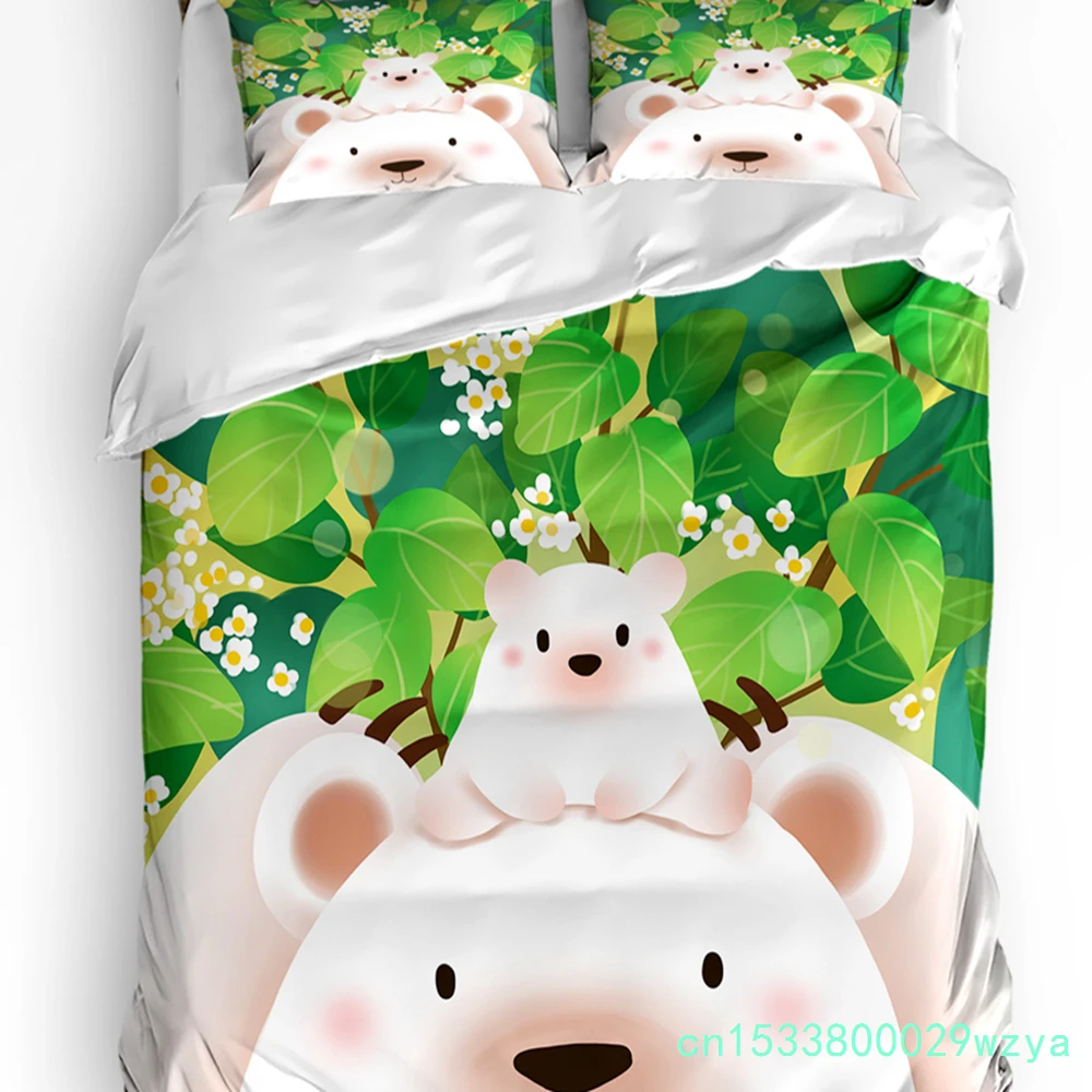 White Bear Leaves Cartoon Duvet Cover With Pillow Case Custom Comforter 3pcs Bedding Set Quilt Cover Double Bed Home Textile
