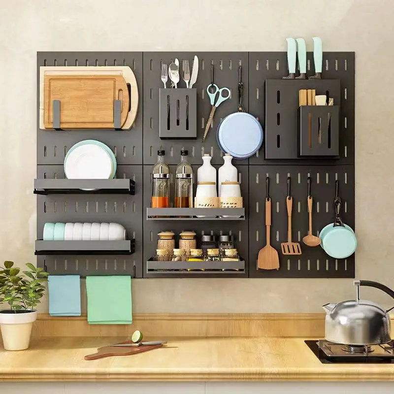 Punch-free Kitchen Hole-board Shelving Wall - mounted Seasoning Knife Rack Dish Storage Rack Household Wall - hanging Shelf