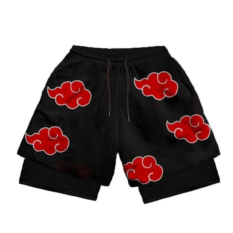Naruto Shippuden Akatsuki Red Cloud Anime Pantalones cortos deportivos 2 en 1 de doble capa, unisex, transpirables, de secado rápido, para gimnasio