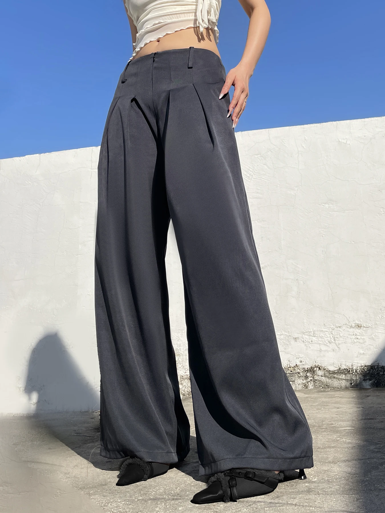 IAMSURE Casual Loose Folds Suit Pants Basic Solid Mid-Waisted Wide Leg Pants Women 2024 Autumn Spring Fashion Streetwear Ladies