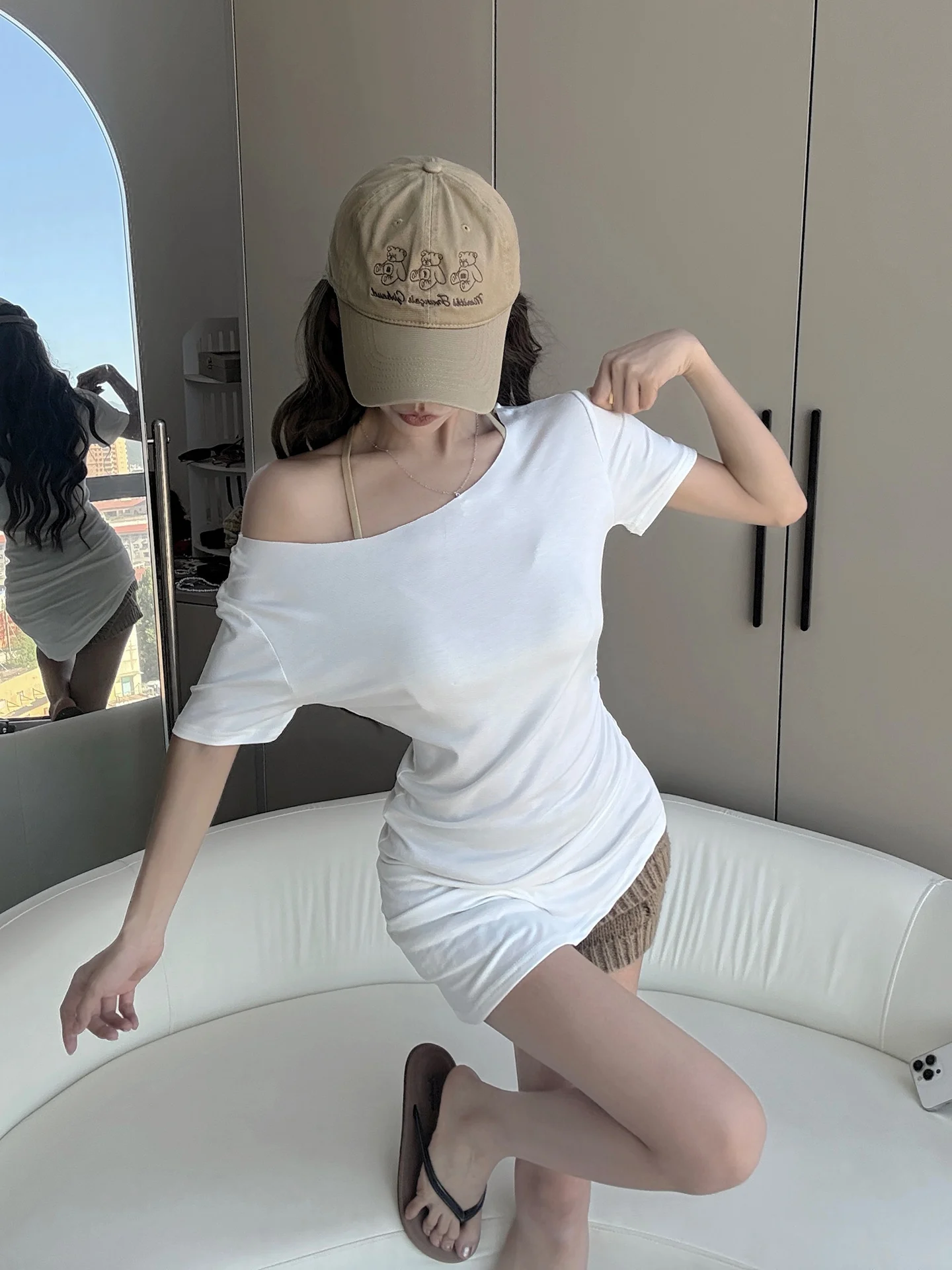 

MianCun Women's Slim Fit Short Sleeve T-Shirt Drawstring Gathered Neckline Ultra Thin Breathable Summer Top Sexy Style Cotton...