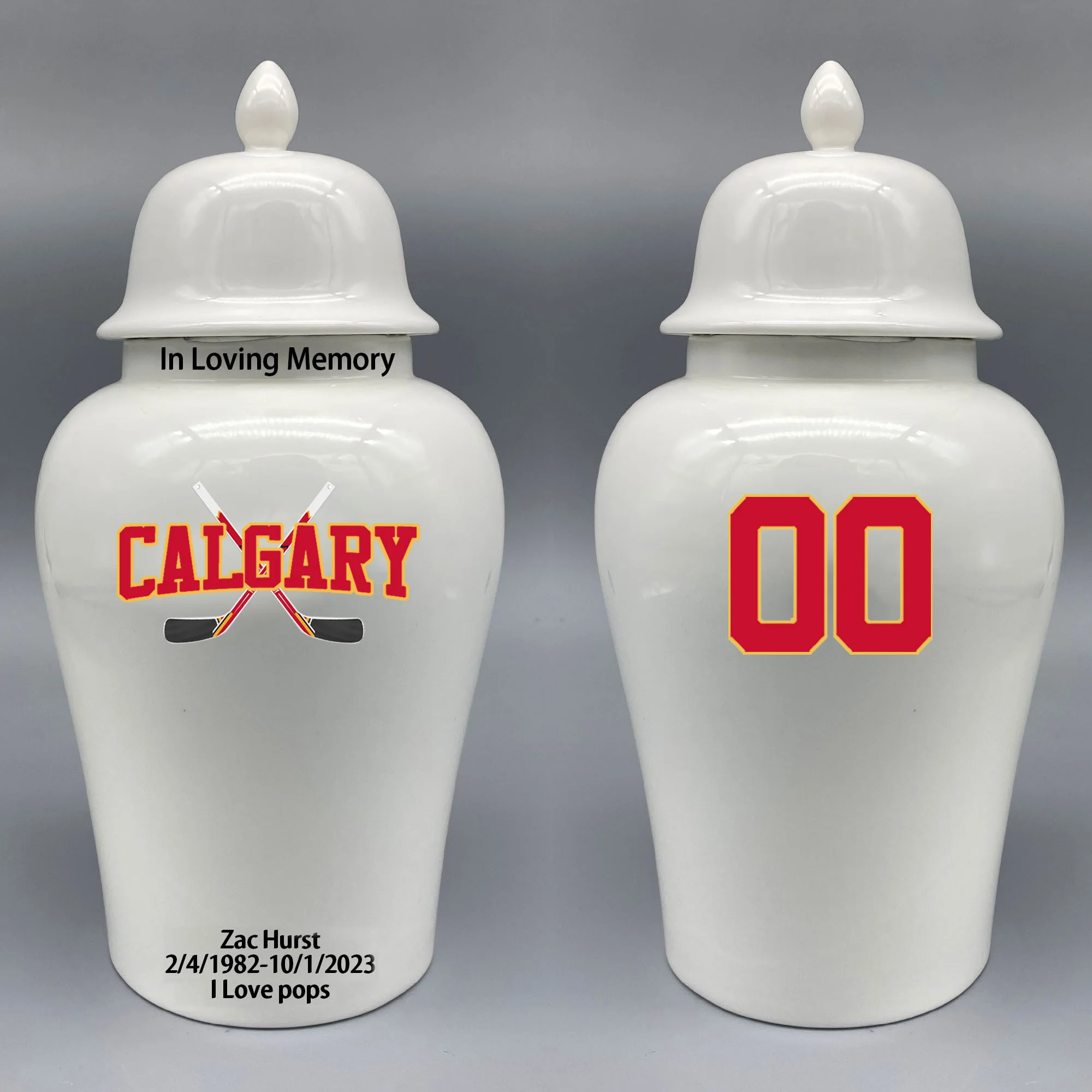 

Large Urn for Calgary Flames-themed Hockey Urn.Please send me the customize information-name/date and number on the urn