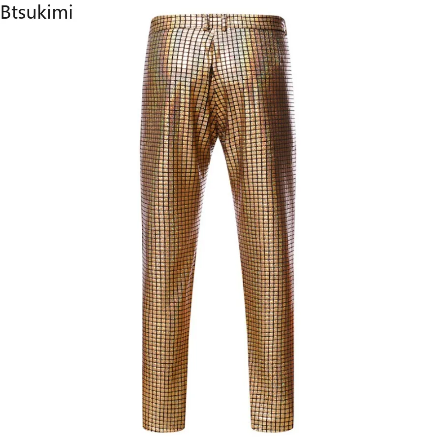 Nieuwe 2024 Mannen Podium Prom Kleding Goud Zilver Regenboog Geruit Pailletten Broek Mannen Dans Festival Kerst Halloween Feest Kostuum