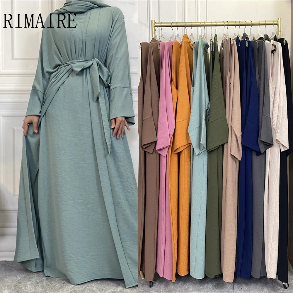 

Fashion Slim Abayas Sets Long Sleeves Muslim Women's Robes with Inner Dress Classic Islamic Same Color Hijabs Wholesale RIMAIRE