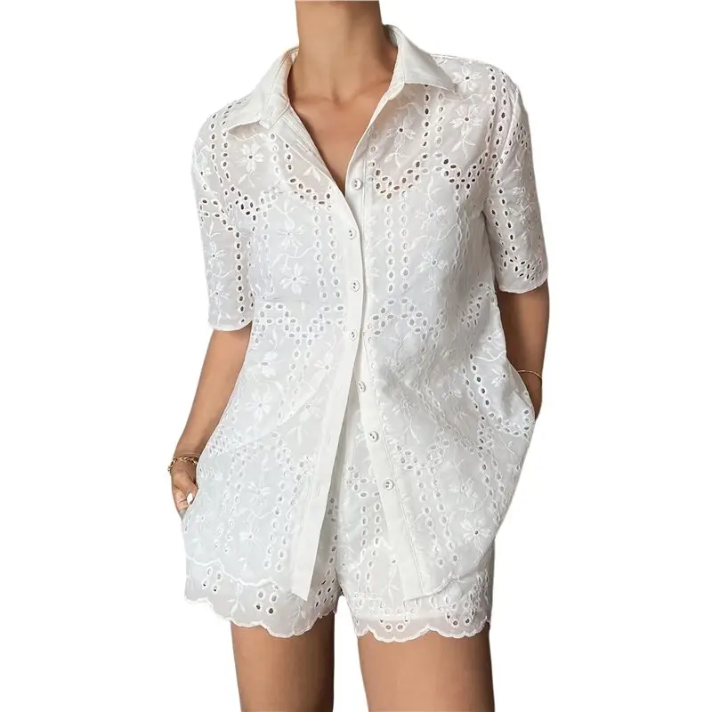 

CYL-Women Shorts Set 2 Piece Outfits Short Sleeve Button Down Top And Shorts Set