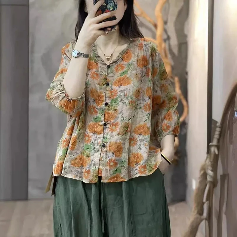 Vintage Printed Ruffled Neck Loose Floral Shirts Women's Clothing 2024 Autumn New Oversized Casual Tops Commuter Blouses