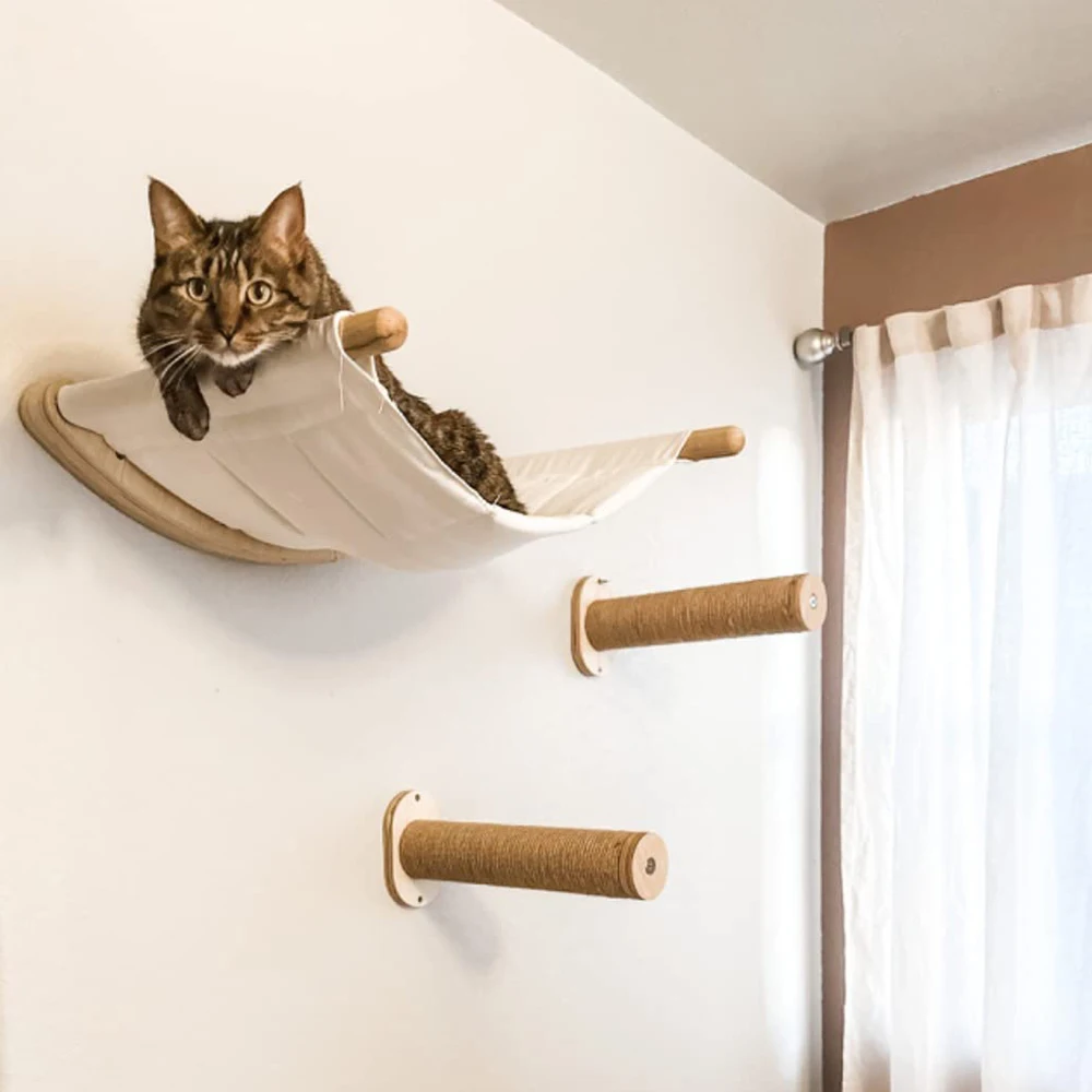 

Cat Hammock Cat Bed Wall Mounted Cat Climbing Shelf Wooden Cat Scratching Post and Ladder For Cat Playing Indoors Cat Furniture