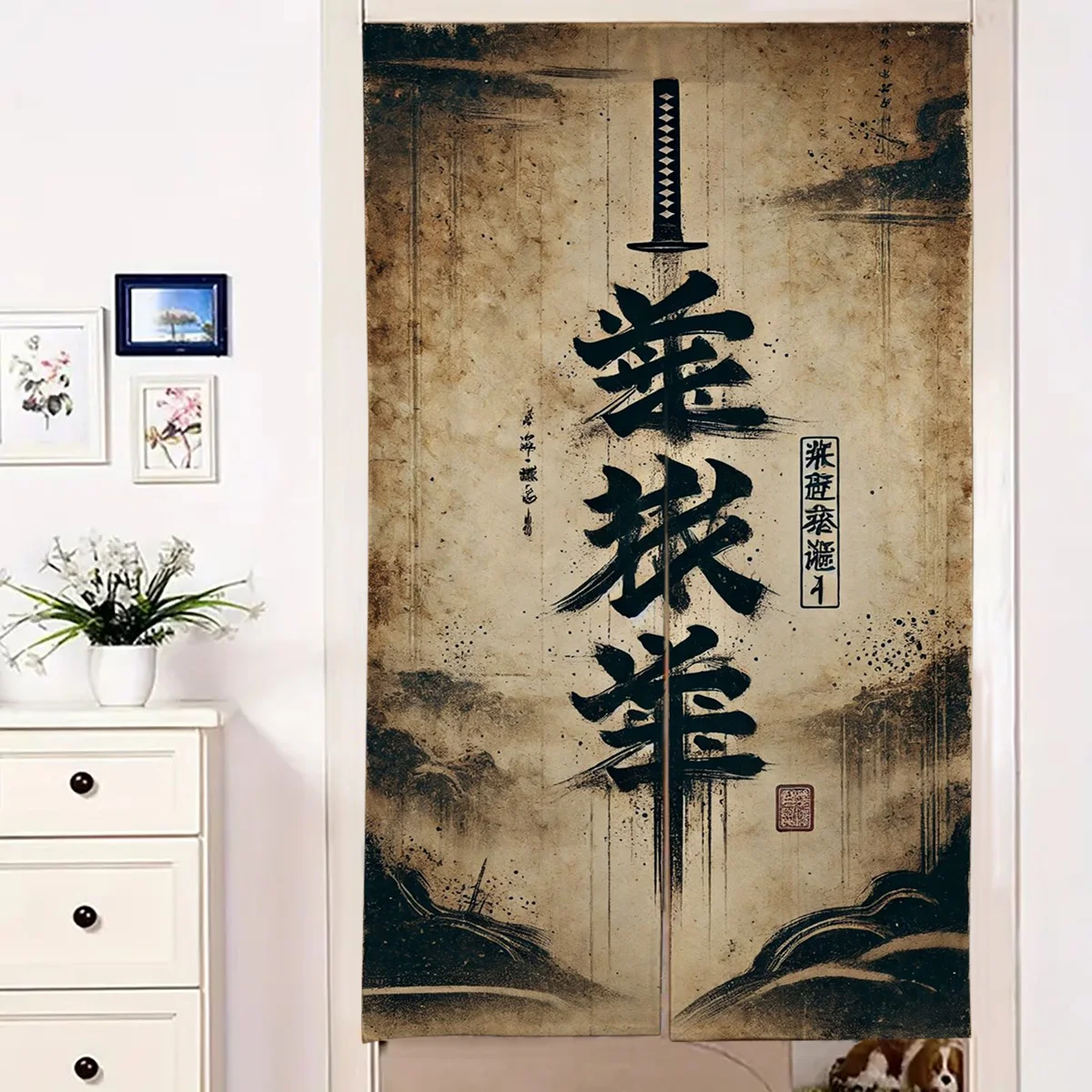 Cortina Japonesa para Puerta, Separador de Ambientes, Decoración Oriental, Tapiz de Pared Samurai, Kanji, Estilo Asiático, Barrera de Privacidad