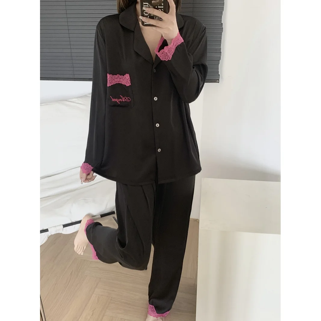 Spring Summer Female Pajamas Two Piece Set Sleepwear Sexy Black Lace Trim Nightwear Trouser Suits Silk Satin Loungewear Homewear