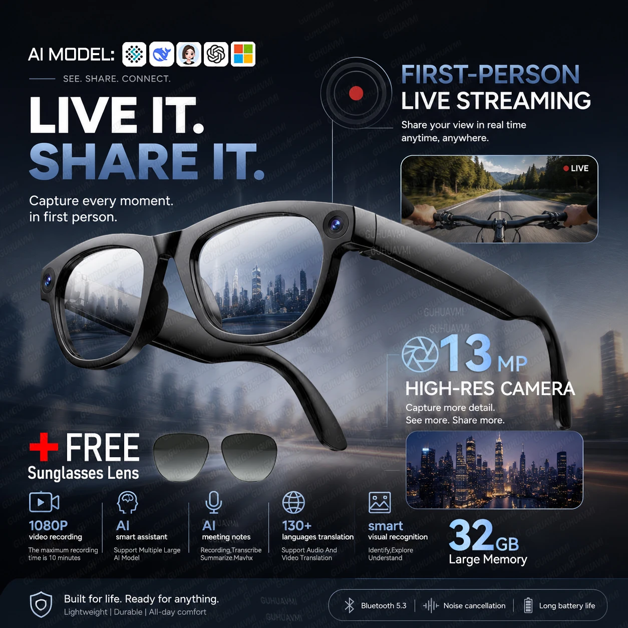 New Live Streaming Audio Call Smart Glasses Men 13MP HD Camera Photo&Video 130+Language Translation 32GB AI Chat Glasses Women