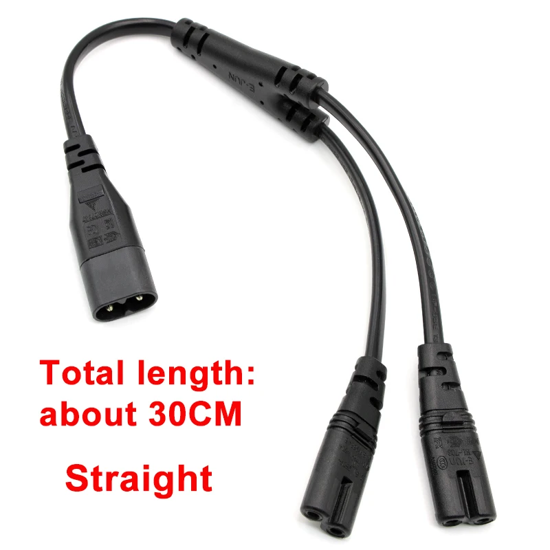 IEC 320 C8 Male to Dual C7 Right Angle Female Y Split Power Cable, IEC 2Pin Figure 8 Male to 2 Female Cord 30CM/45CM Black