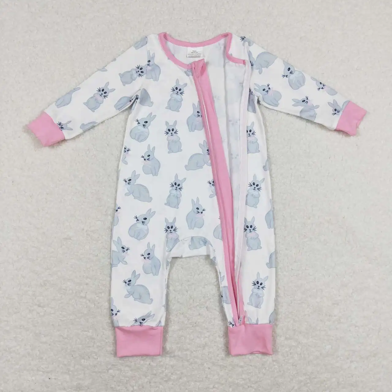 Wholesale hot sale children's clothing  baby kids clothes newborn toddler Rabbit pink and white zip-up long-sleeved onesie