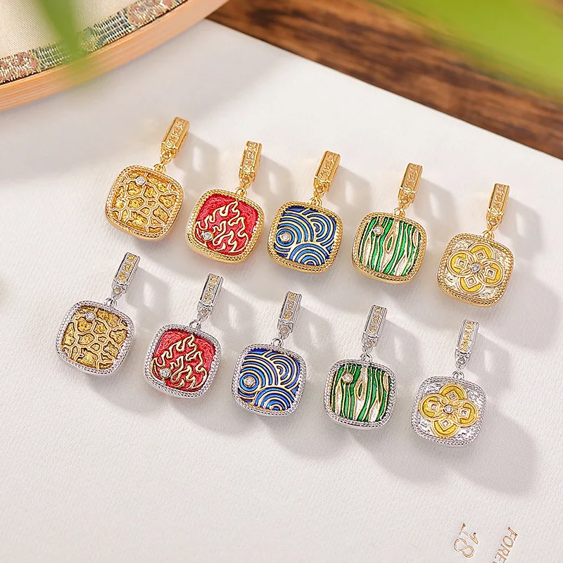 S925 Sterling Silver Gold Plated Hetian Qing Jade Jadeite Blood Amber Geometric Square Five Elements Pendant Hanging