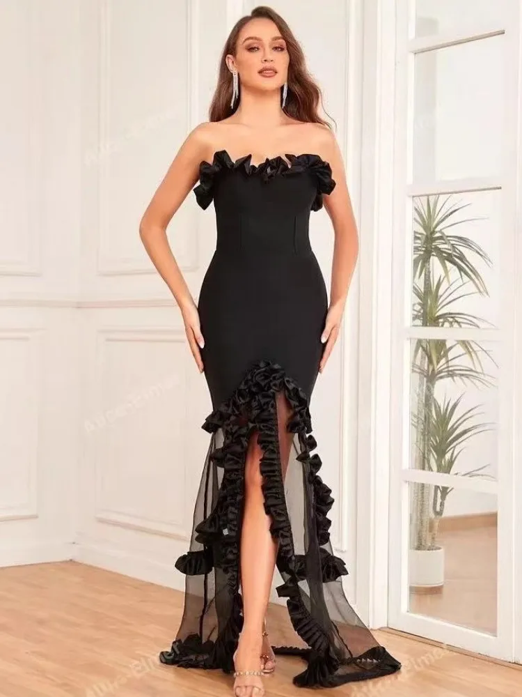 2025 frauen Promi Sexy Liebsten Rüschen Mesh Schwarz Maxi Langes Kleid Elegante Abend Party Club Vestido