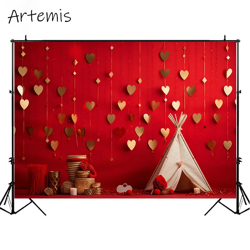 Valentine's Day Backdrop Red Wall Gold Hearts Teepees Elegant Romantic Love Children's Birthday Portrait Background Photo Studio