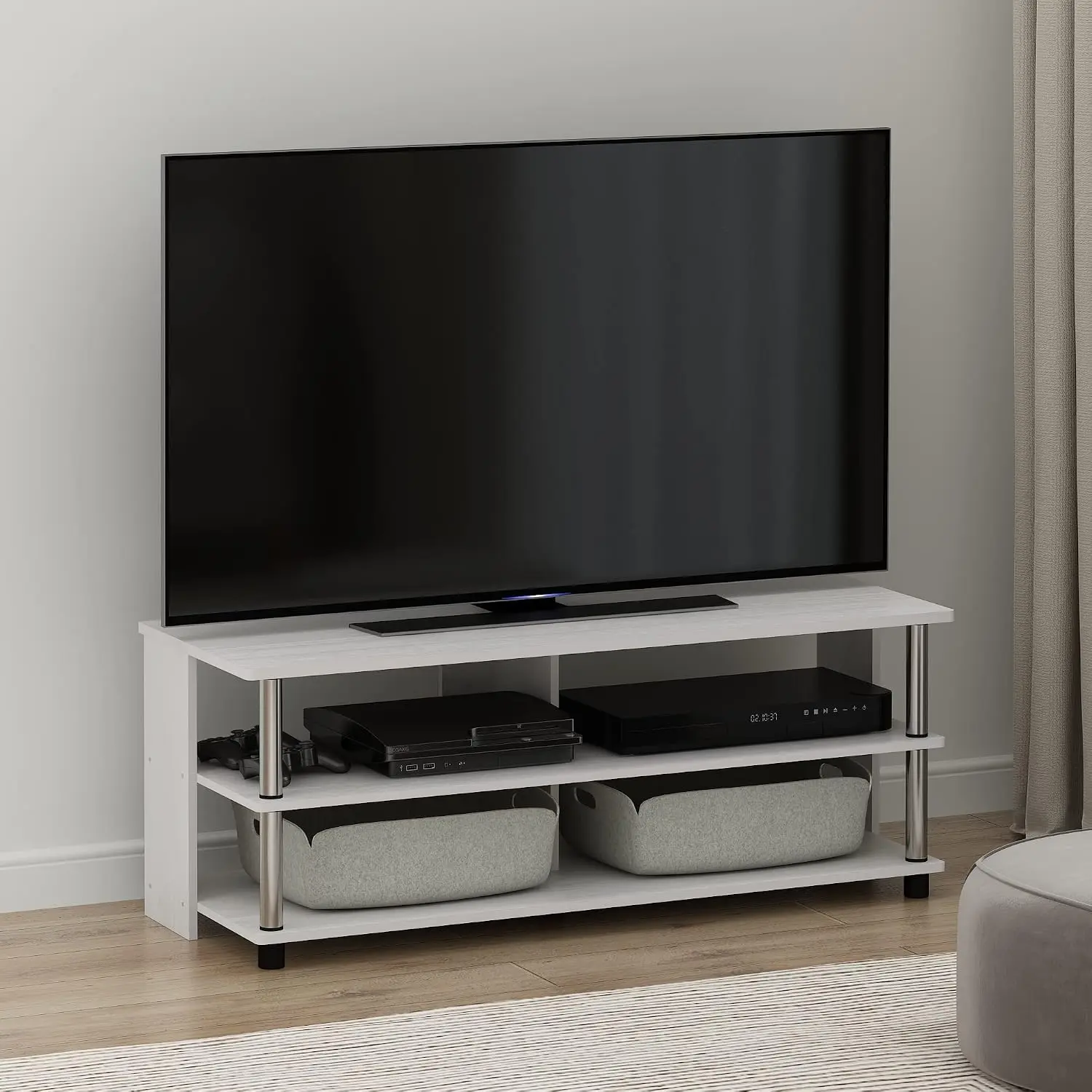 3-Tier TV Stand to 48 Inch, Oak & Chrome Entertainment Center, Open Frame Cable Management, Stainless Steel, Living Room & Bedro