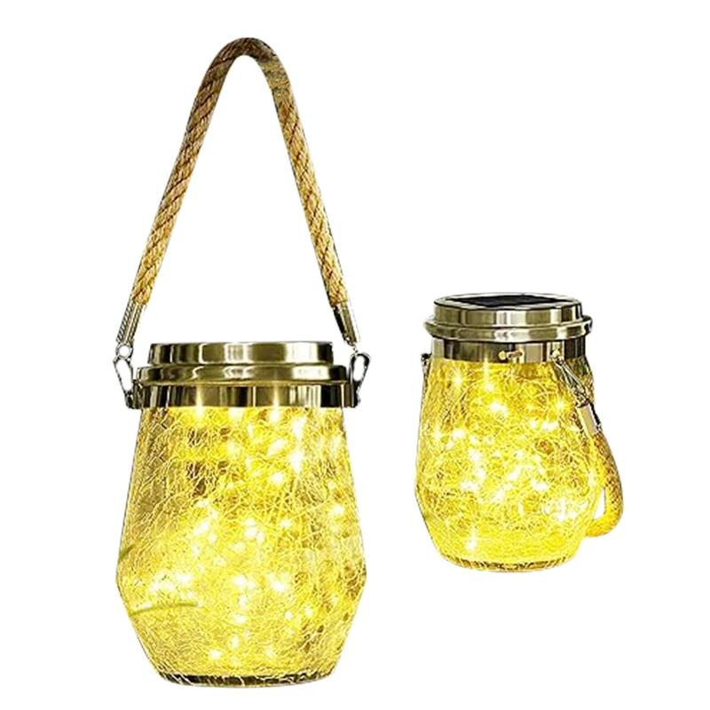 

2Pcs Solar Lantern Outdoor Solar Lantern For Christmas Lights LED Hanging Cracked Glass For Outside Garden Decoration